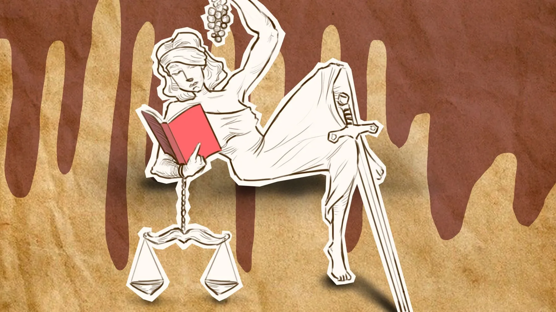 Lady Justice taking her time to read a book—in style. Justice can wait.