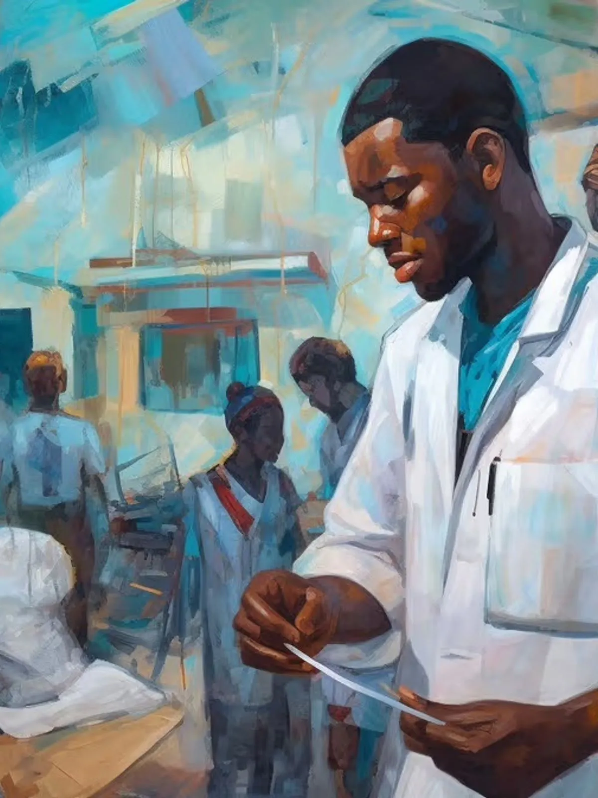 A young Nigerian doctor with a stethoscope and a paintbrush attending to patients in the emergency department.